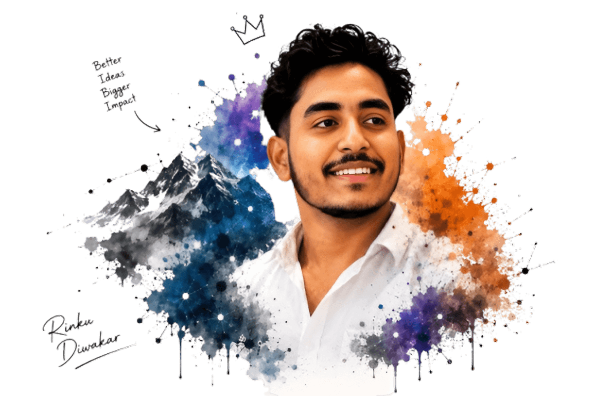 Rinku Diwakar — artistic watercolor portrait with mountain elements, crown doodle, handwritten notes and signature